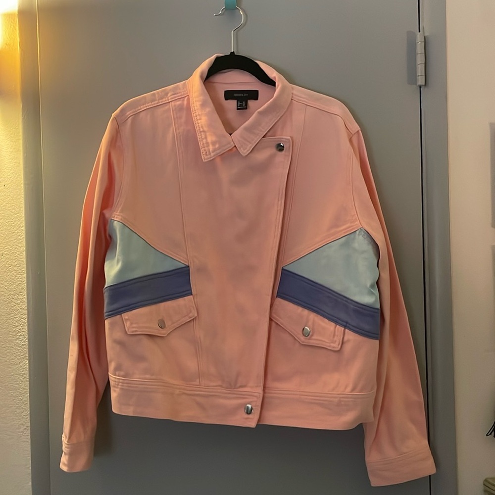 Forever 21 Pink and Blue Design Jean Jacket